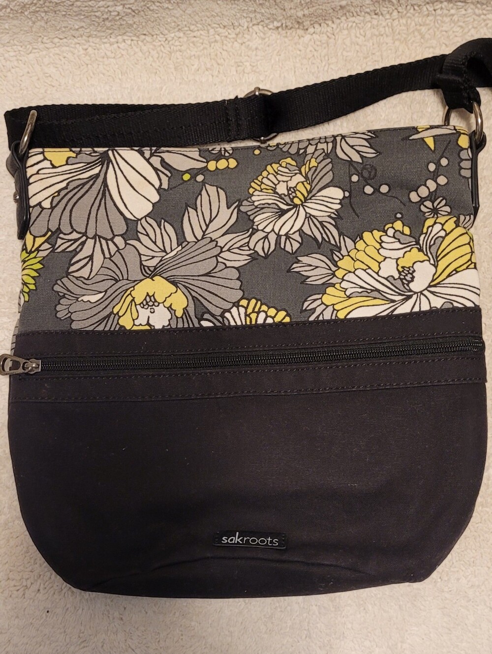 Sakroots Black, Gray & Yellow Floral Crossbody Bag